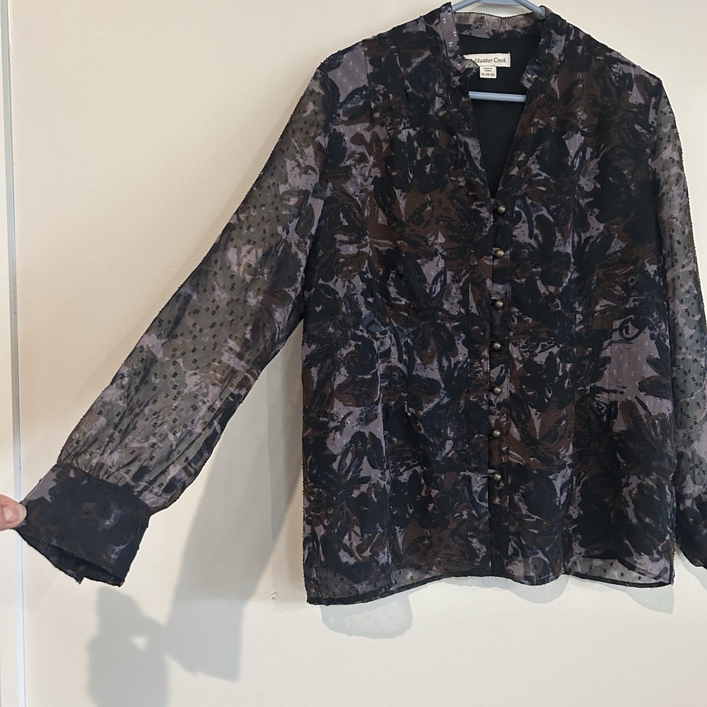 Dark Floral Purple Sheer Blouse Size PL 14-16 Buttons Romantic Coldwater Creek - Picture 3 of 14
